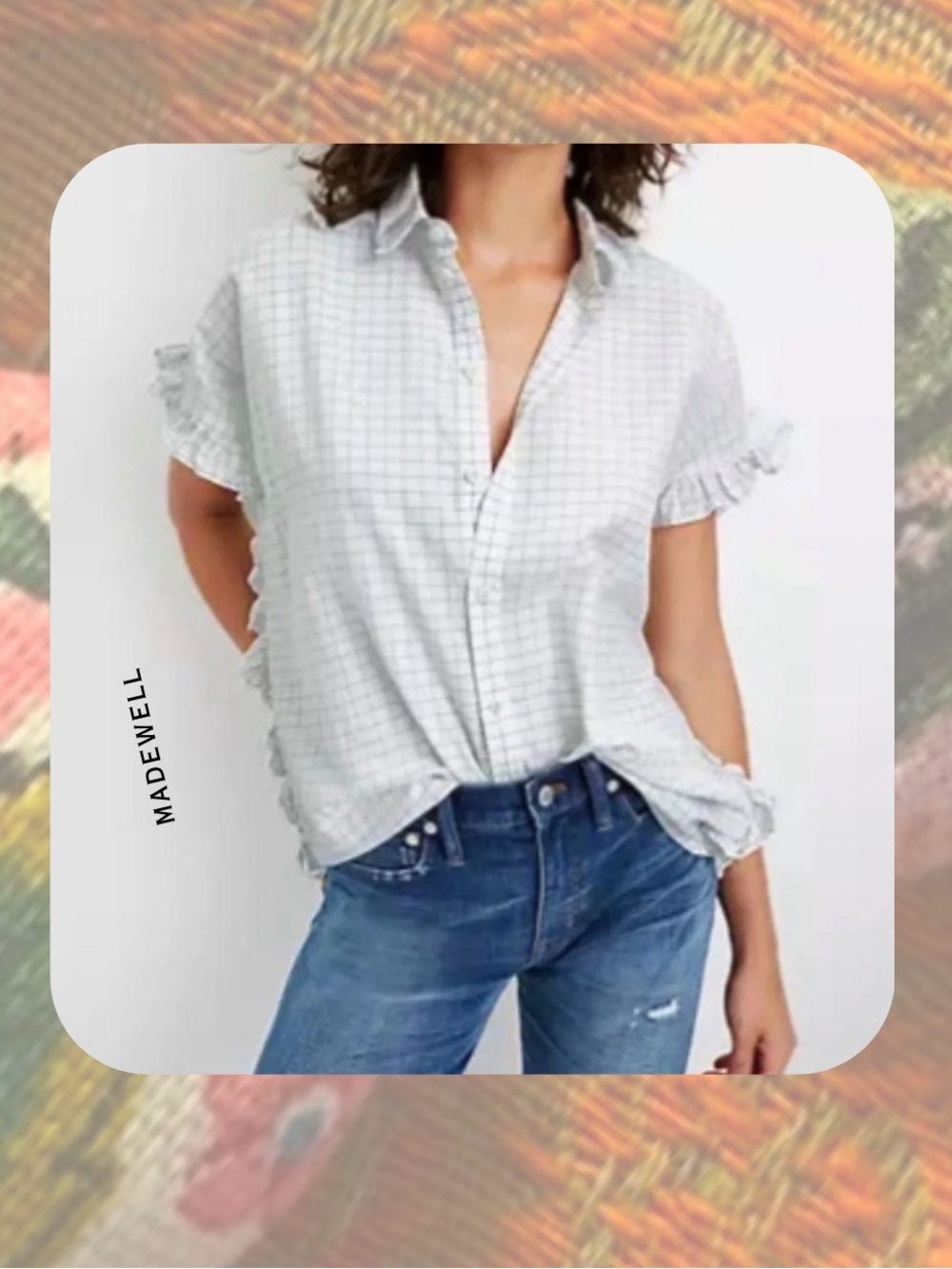 Madewell White Windowpane Button-Front Side Ruffle Short Sleeved Top